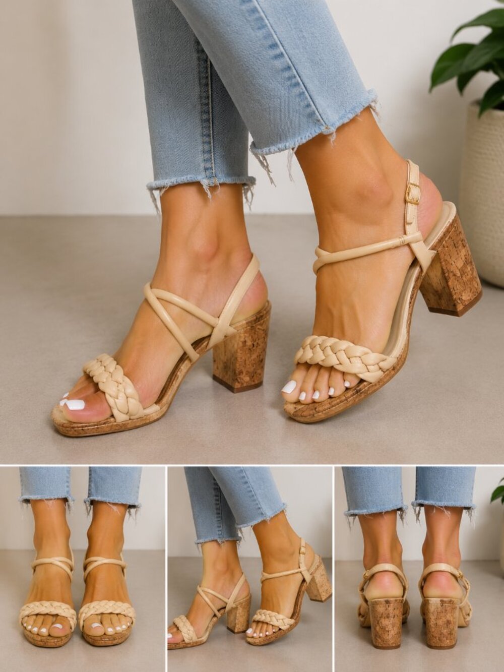 DISPLAY KAANAS Braided Strap Cork Block Heel Sandals